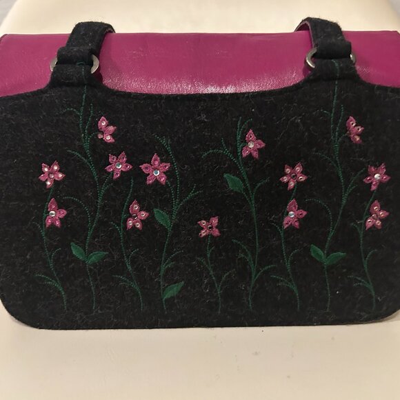 Bruno Magli Black Wool & Fuchsia Leather Handbag - Picture 2 of 16